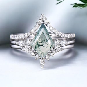 AAA Natural Moss Agate Kite Cut wedding Ring Set For Women, Vintage kite Green Moss Agate Engagement Ring,bridal Promise Ring,14k Gold Ring