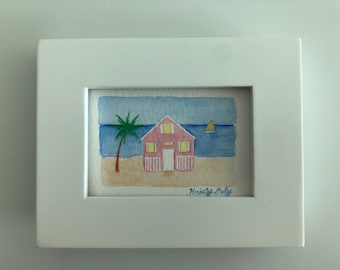 ORIGINAL Pink Beach House Watercolor - Miniature