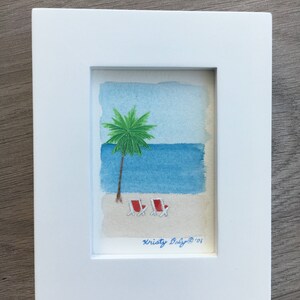 ORIGINAL Miniature Watercolor Painting -Red Beach Chairs