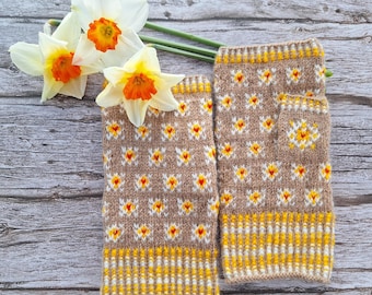 Kit per lavorare a maglia guanti senza dita a forma di narciso – lavorazione a tre colori, filato di lana