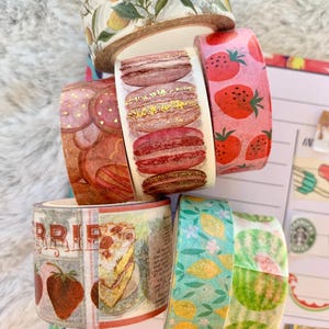 Voorbeelden van washitapes met voedselthema – anonieme planners en meer | Watermeloen, citroenen, aardbeien, macarons, koekjes | 24"+ elk op kaart