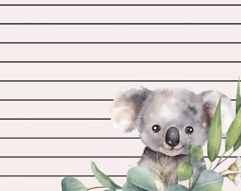 Niedliches Tier Briefpapier - A5 Digital Download | Koala, Fuchs & Eichhörnchen | Hellrosa gefüttertes Briefpapier | Weiches ästhetisches bedruckbares Papier