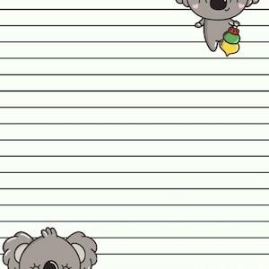 Papel de carta navideño digital descargable / Lindos koalas, capibaras y ajolotes / Papelería con líneas verde pálido / Papel de carta navideño imprimible