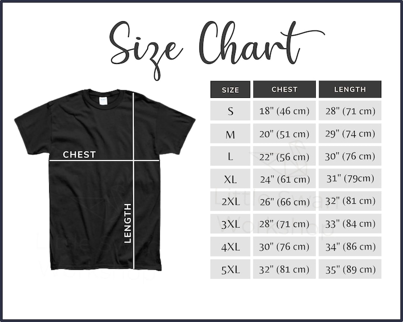 May include: A black t-shirt displayed next to a size chart. The chart lists sizes S through 5XL with corresponding chest and length measurements in inches and centimeters. The t-shirt graphic shows white lines indicating where the chest and length are measured.