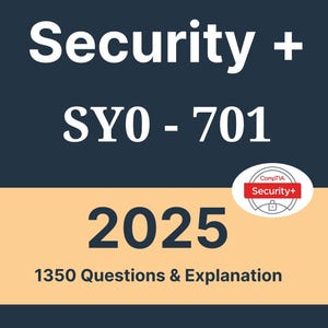 Op de afbeelding: Boekomslag met de titel "CompTIA Security + SY0-701 2025". De omslag heeft witte tekst op een donkerblauwe achtergrond, met een horizontale beige streep. Het boek bevat 1350 Vragen & Uitleg en de naam van de auteur.
