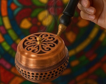 Kupfer-Weihrauchbrenner mit Holzgriff, Sage & Peganum Smudge Kit, Ritualreinigungsschale, handgefertigtes Kupfer-Räuchergefäß