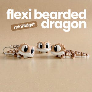 May include: Three tan and white articulated bearded dragon figures with large black eyes. One figure is attached to a silver metal keychain. The text "flexi bearded dragon" and "mini fidget" is visible in the upper portion of the image.