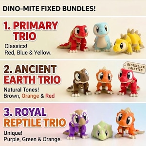 Puede incluir: Imagen de tres conjuntos de figuras de dinosaurios de varios colores. Los conjuntos se denominan "Primary Trio", "Ancient Earth Trio" y "Royal Reptile Trio". Cada conjunto incluye tres figuras de dinosaurios diferentes. El texto dice "Dino-Mite Fixed Bundles!"