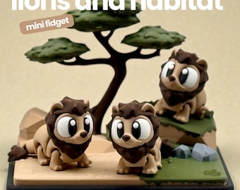 3D Printed Lion Fidget Toy | Articulated Big Cat Figure & Savannah Habitat
