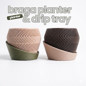 May include: Two Braga planters and drip trays with a textured chevron pattern. One planter is light pink with an olive green tray, and the other is dark brown with a light pink tray. The text "braga planter & drip tray" appears above.