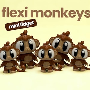 May include: Five brown and tan monkey figurines with large white eyes and curled tails. The text flexi monkeys and mini fidget is displayed above the figures. These articulated toys feature a smooth finish and a cartoon-like appearance.