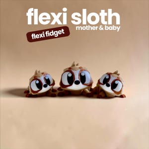 May include: Three brown and white sloth figurines with large eyes, labelled flexi sloth mother & baby and flexi fidget. The figures have articulated limbs and a smooth finish, arranged in a row against a solid light brown background.