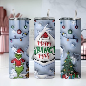 Merry Grinchmas 20oz Skinny Tumbler, Grinch Christmas Skinny Tumbler, Slim Tumbler Cup with Straw & Lid, Grinch Lover Gift, Xmas Keepsake