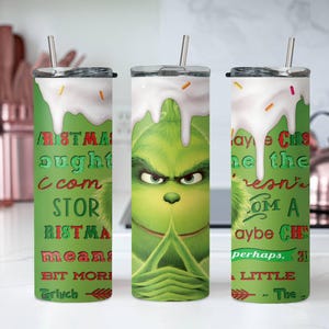 Grinch Face 20oz Skinny Tumbler, Sublimated Skinny Tumbler, Slim Tumbler Cup with Straw & Lid, Grinch Lover Gift, Xmas Gift, Grinch Tumbler