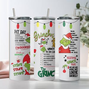 Funny Grinch Skinny Tumbler, Grinchmas 20oz Slim Tumbler, Stainless Steel Tumbler Cup with Straw & Lid, Grinch Sublimated Skinny Tumbler