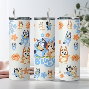 Floral Bluey And Bingo Tumbler, Skinny Tumbler Cup with Straw & Lid, 20oz Stainless Steel Tumbler, Bluey Family Tumbler, Bluey Sublimated