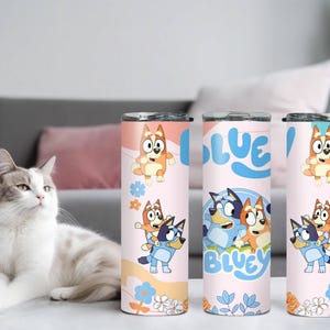 Bluey And Bingo Tumbler, Skinny Tumbler Cup with Straw & Lid, 20oz Stainless Steel Tumbler, Bluey Family Tumbler, Bluey Sublimated Drinkware