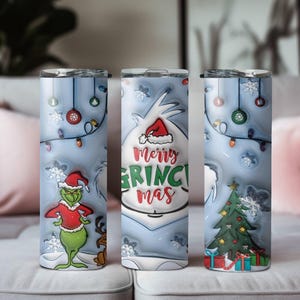 Christmas Grinch Skinny Tumbler, Steel 20oz Skinny Tumbler Cup with Straw & Lid, Grinch Xmas Sublimated Tumbler, Christmas Gift Tumbler
