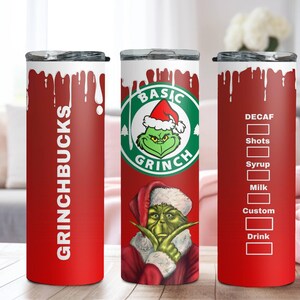 Basic Grinch Skinny Tumbler, Grinchbucks 20oz Slim Tumbler, Steel Tumbler Cup with Straw & Lid, Grinch Coffee Skinny Tumbler, Christmas Gift
