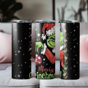 Merry Grinchmas Skinny Tumbler, Grinch Xmas Gift, Skinny Tumbler Cup with Straw & Lid, Grinch Sublimated Skinny Tumbler, 20oz Skinny Tumbler