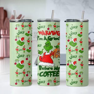 Coffee Lover Grinch Skinny Tumbler, 20oz Skinny Tumbler Cup with Straw & Lid, Grinch Christmas Sublimated Tumbler, Christmas Gift Tumbler