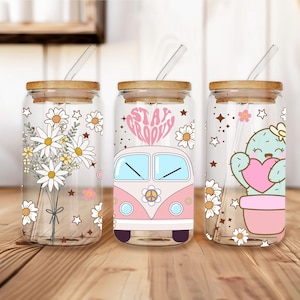 Retro Floral Glass Tumbler with Straw, Stay Groovy Van, Daisy Flowers and Cactus Cup, Aesthetic Iced Coffee Glass Can, Vintage Pink Van