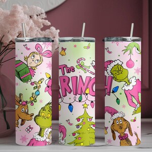 Funny The Grinch Tumbler, Cindy Lou Who Tumbler, Skinny Tumbler Cup with Straw & Lid, 20oz Steel Tumbler, Pinky Grinch, Christmas Gift Ideas