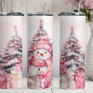 Cozy Christmas Skinny Tumbler, Pink Snowman Tumbler, Stainless Steel Tumbler Cup with Straw & Lid, 20oz Skinny Tumbler, Christmas Gift Ideas