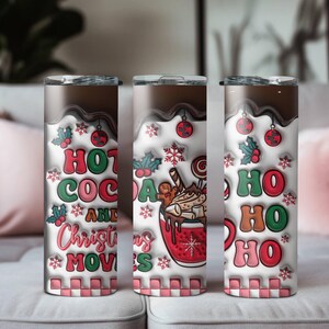Hot Cocoa and Christmas Movies Tumbler, Christmas 20oz Skinny Tumbler, Skinny Tumbler Cup with Straw & Lid, Stainless Steel Skinny Tumbler