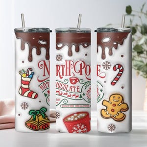 Christmas Theme 20oz Skinny Tumbler, North Pole Hot Chocolate, Skinny Tumbler Cup with Straw & Lid, Christmas Sublimated Skinny Tumbler