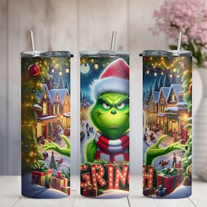 Grinch Christmas Tumbler, The Grinch Sublimated Tumbler, Skinny Tumbler Cup with Straw & Lid, 20oz Steel Tumbler, Christmas Coffee Cup