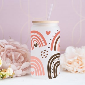 Boho Rainbow Glass Tumbler with Bamboo Lid and Straw, Pastel Pink & Brown Aesthetic Iced Coffee Cup, Iced Coffee Gift, Gift for Her