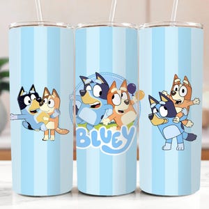 Funny Bluey And Bingo Tumbler, Skinny Tumbler Cup with Straw & Lid, 20oz Stainless Steel Tumbler, Heeler Family Tumbler, Bluey Gift Tumbler