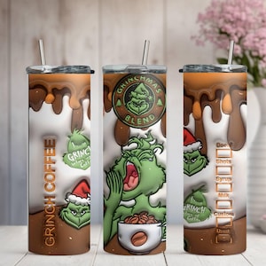 Grinch Coffee Skinny Tumbler, Grinchmas Blend 20oz Slim Tumbler, Funny Grinch Sublimated Skinny Tumbler, Skinny Tumbler Cup with Straw & Lid