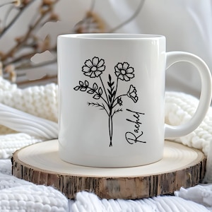 Custom Birth Month Flower Ceramic Mug, 11oz Floral Mug, Birth Flower Coffee Mug, Custom Name Coffee Mug, Personalized Birthday Gift For Her