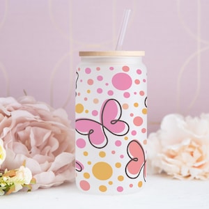 Cute Butterflies Can Glass Tumbler, Iced Latte Glass Cup, Reusable Glass Cup, Frosted Glass Tumbler, 16oz Glass Cup with Straw & Bamboo Lid