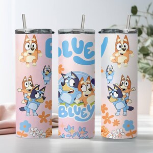 Bluey Tumbler, Bingo Heeler Tumbler, Skinny Tumbler Cup with Straw & Lid, 20oz Stainless Steel Tumbler, Bluey Family Tumbler, Bluey Gifts