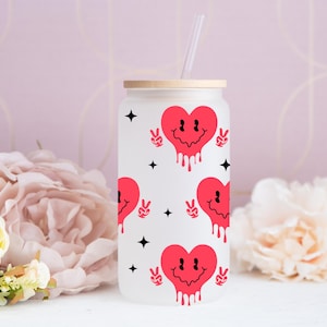 Cute Heart Glass, Iced Coffee Glass, Smiling Hearts  Cup, Glass Jar, Gift for Her, Birthday Gift Glass Cup, Heart  jar, Perfect Gift Cup