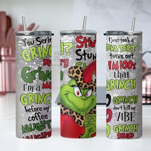 Faux Glitter Grinch Skinny Tumbler, Christmas 20oz Slim Tumbler, Skinny Tumbler Cup with Straw & Lid, Funny Grinch Tumbler, Grinch Xmas Gift