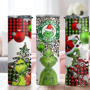100% That Grinch Skinny Tumbler, 20oz Steel Skinny Tumbler Cup with Straw & Lid, Grinch Xmas Sublimated Tumbler, Christmas Gift Tumbler