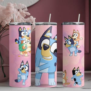 Pinky Bluey And Bingo Tumbler, Cute Bluey Steel Tumbler, Skinny Tumbler Cup with Straw & Lid, Bluey Family Tumbler, Bluey Sublimated Tumbler