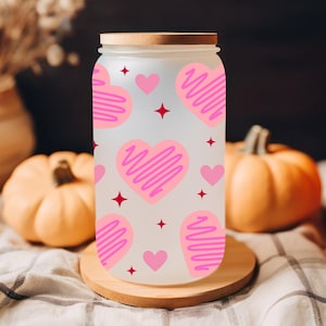 Cute Heart Tumbler, Aesthetic Love Glass Cup, Sweetheart Glass Tumbler, Trendy Romantic Glass, Pink Hearts Mason Jar Cup, Gift for Her