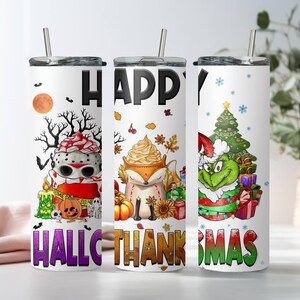 Happy Hallothanksmas Skinny Tumbler, Funny Grinch Xmas Tumbler, Stainless Steel Tumbler Cup with Straw & Lid, 20oz Horror Theme Xmas Tumbler