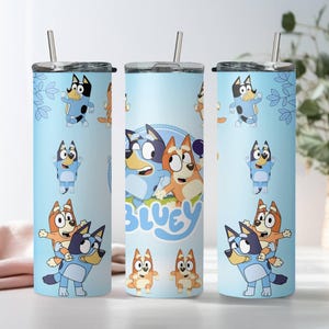 Cute Bluey Tumbler, Bluey and Bingo, Skinny Tumbler Cup with Straw & Lid, 20oz Stainless Steel Tumbler, Bluey Family Tumbler, Bluey Gifts
