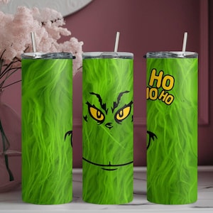 Grinch Stainless Steel 20oz Skinny Tumbler, Slim Tumbler Cup with Straw and Lid, Grinch Christmas Gift, Sublimated Skinny Tumbler