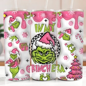 In My Grinch Era Tumbler, Pinky Grinch Tumbler, Stainless Steel Tumbler Cup with Straw & Lid, 20oz Xmas Tumbler, Grinch Sublimated Tumbler