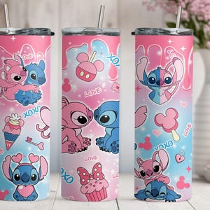 Stitch and Angel Valentines Tumbler, Stitch Lover Tumbler, Cupid Stitch Tumbler, Skinny Tumbler Cup with Straw & Lid, Stitch Valentine Gift