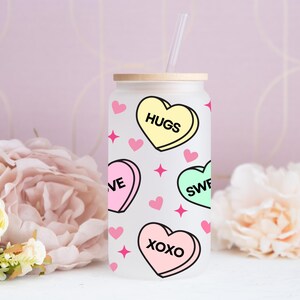 Colorful Hearts Tumbler, Xoxo and Love Glass Cup, Love Themed Glass Tumbler, Sweetheart Aesthetic Cup , Heart Print Coffee Mug, Gift for Her