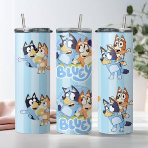 Bluey Family Tumbler, Bluey and Bingo Tumbler, Skinny Tumbler Cup with Straw & Lid, 20oz Stainless Steel Tumbler, Bluey Sublimated Drinkware