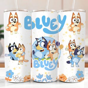 Cute Bluey And Bingo Tumbler, Skinny Tumbler Cup with Straw & Lid, 20oz Stainless Steel Tumbler, Floral Bluey Tumbler, Bluey Christmas Gift